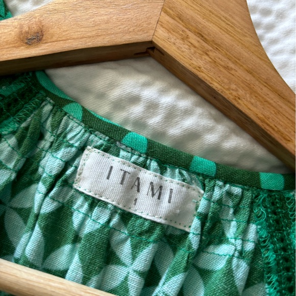 ITAMI Green Geometric Print Boho Style Belted Midi Button Linen Blend Dress - Picture 7 of 11